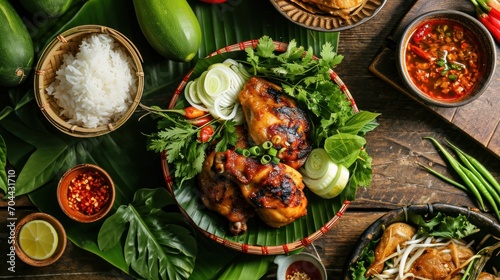 Thai BBQ grilled chicken and sticky rice served with chili sauce and a view of traditional Vietnamese vegetables.