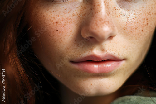 Captivating Green-Eyed Brunette: Freckled Elegance © AIproduction