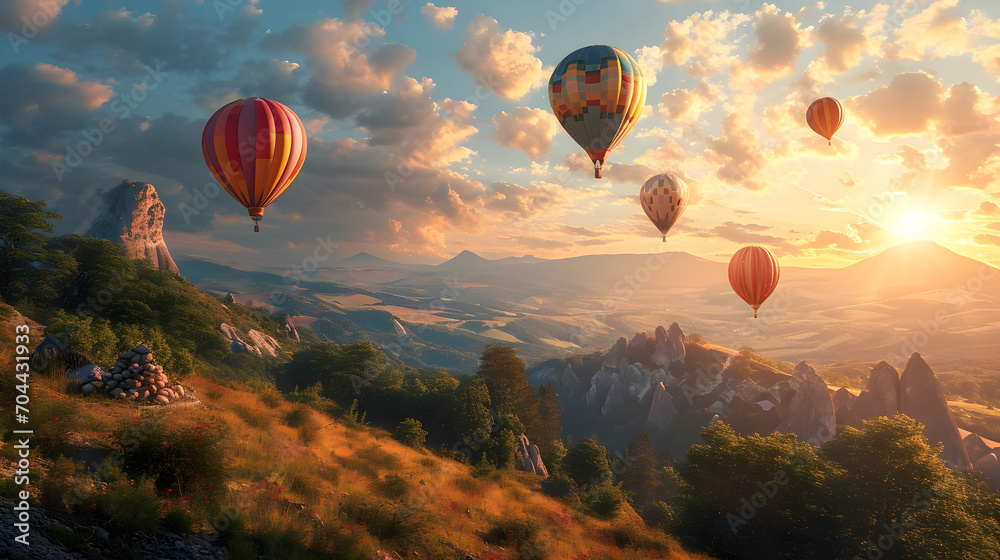 Obraz premium Landscape of hot air balloons flying over the mountains as sunlight is falling 