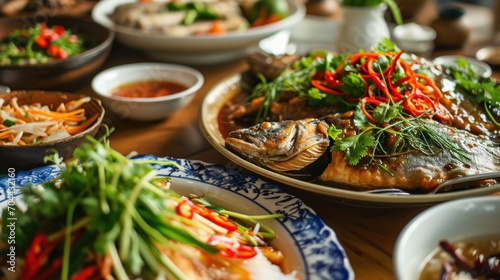 Vietnamese food, kakoto or fish cooked with dipping sauce, caramelized fish, Asian food