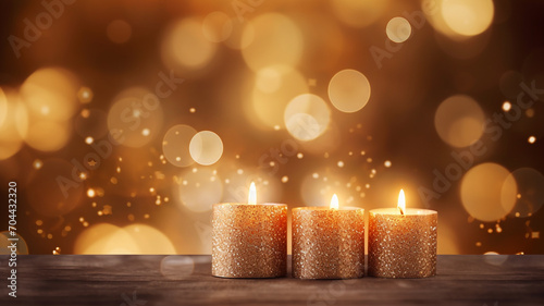 burning candle lights on abstract blurred bokeh light background