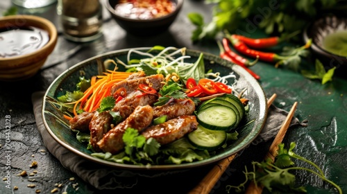 Vietnamese pork sausage salad with vegetables Garnish with vegetables and cucumbers.