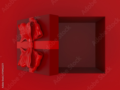 open gift box with bow on red background. 3D illustration