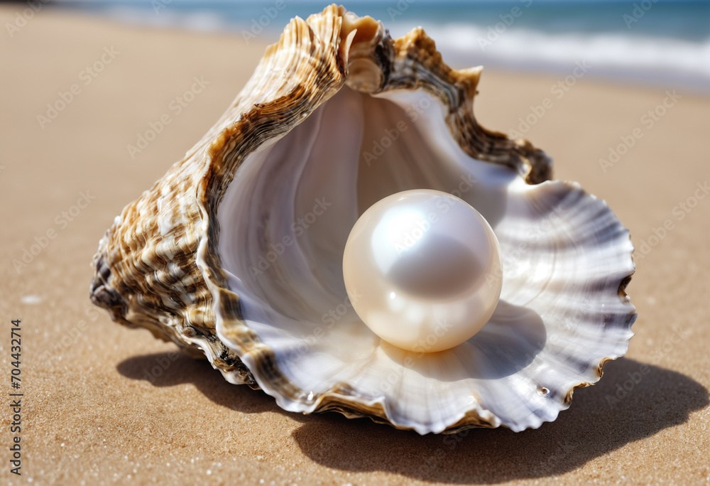 Oyster shell with pearl inside on a sandy beach. Generative AI Oyster shell with pearl inside on a sandy beach. Generative AI