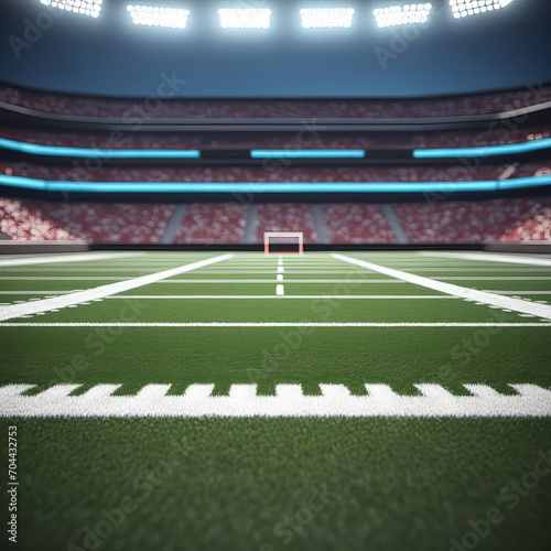 American football arena with yellow goal post, grass field and blurry fans on the court. Concept of active sport, football, championship, match, play space