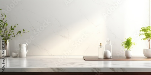 White marble kitchen tabletop with copy space, blurred modern white kitchen background. , .