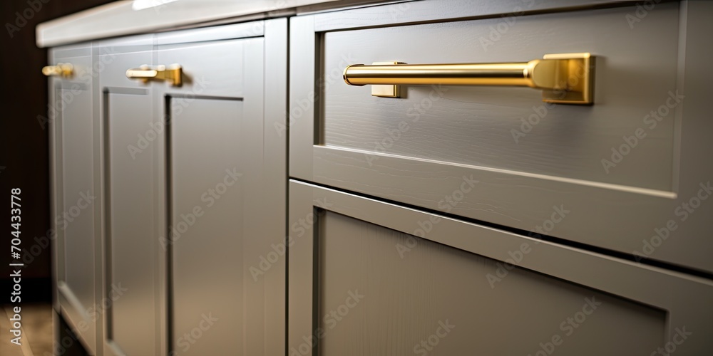 Close-up photo of shaker kitchen cupboard doors with gold handles. Close-up photo of shaker kitchen cupboard doors with gold handles.