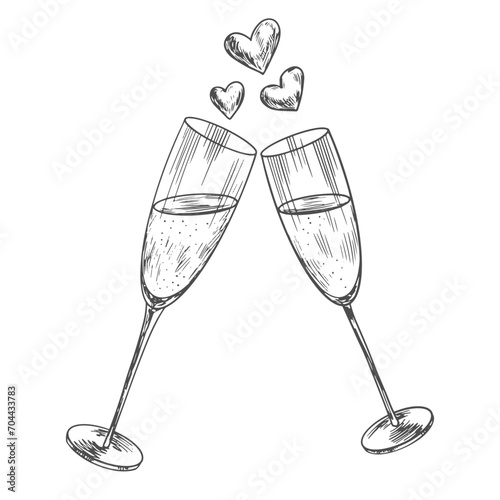 Sketch style two glasses of champagne. Glasses are clinking. Wedding party cheers. New year celebration concept. Black and white illustration for Valentines day