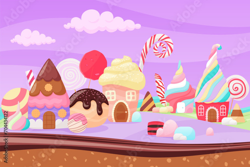 Candy land landscape, sugar houses with swirls of sweet cream, caramel and chocolate. Fantasy game scene with fun nature of confectionery, buildings with bonbon and cake cartoon vector illustration