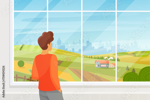 Man looking out window at summer countryside landscape and city on horizon. Young male character standing alone and thinking, boy enjoying calm and peaceful view at home cartoon vector illustration