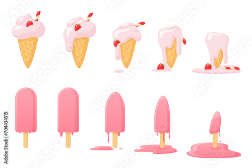 Melting ice cream set of animation sequence. Melting stages collection of strawberry sundae in waffle cone and pink popsicle from whole to melted glossy sweet puddle cartoon vector illustration
