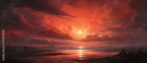 Depict a sunset during a heat wave, exaggerating the warm tones and giving the impression that the sky itself is ablaze with the intensity of the sun's rays