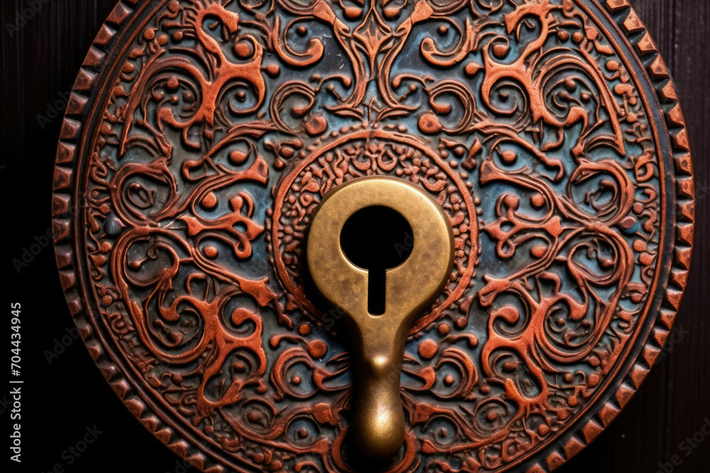 Door old closeup key security wooden hole vintage antique keyhole lock metallic wood - obrazy, fototapety, plakaty 