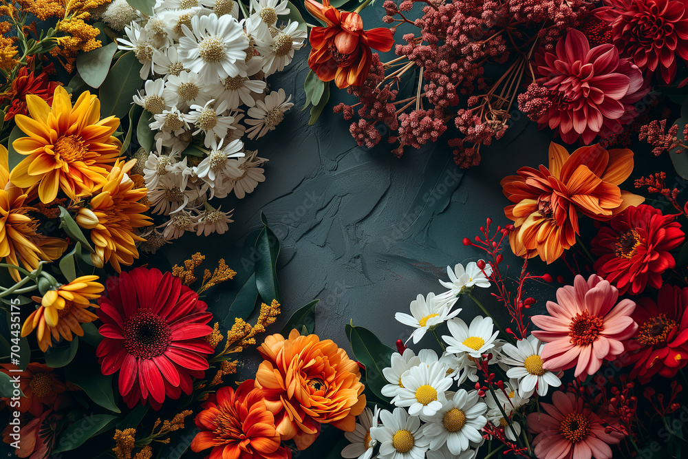 Frame made of beautiful flowers with empty space on a dark background Frame made of beautiful flowers with empty space on a dark background
