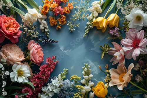 Frame made of beautiful flowers with empty space on blue background 