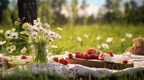 Fototapeta Naklejka Na Ścianę i Meble -  A picturesque summer picnic scene with fresh strawberries and wildflowers in a glass jar, captured in a tranquil meadow.