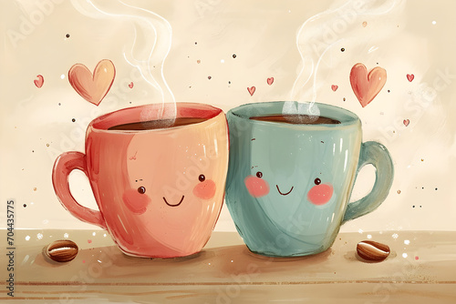 Cute coffee cups with smiling faces having a date, Café setting with hearts in the air, coffee shop cartoon style illustration, Generative AI