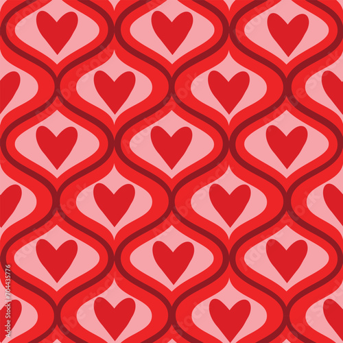 Red hearts on mid century ogee ovals seamless pattern. For Valentines day background, wrapping paper, home décor and fabric