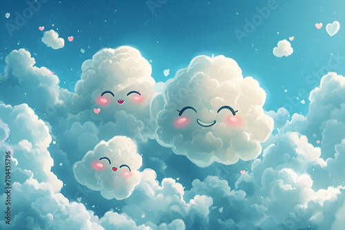 A happy family of cute fluffy cloud characters floating in the blue sky with happy smiling faces, family love concept, love in the clouds, cartoon style illustration, Generative AI