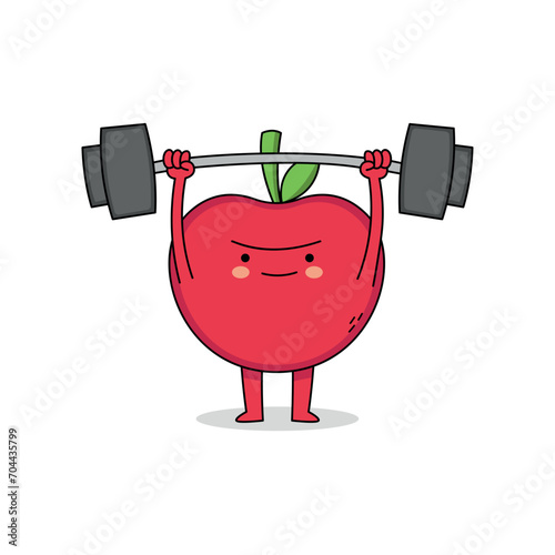 Cute apple cartoon character lifting weight doodle