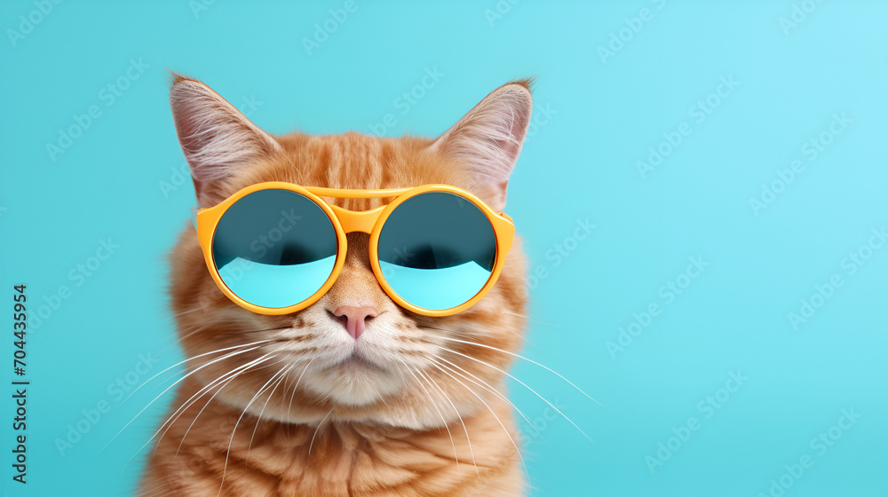 Closeup portrait of funny ginger cat wearing sunglasses isolated, generative  ai