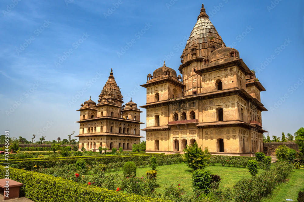 Orchha, India - 02 June 2022 - Royal Chhatris or Cenotaphs are the historical monuments situated on the banks of River Betwa in Orchha, Madhya Pradesh, India.