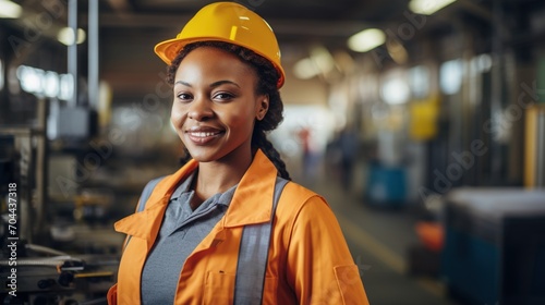 Portrait of a smiling African American woman wearing a hard hat in a factory © duyina1990