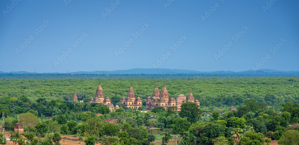 Orchha, India - 02 June 2022 - Royal Chhatris or Cenotaphs are the historical monuments situated on the banks of River Betwa in Orchha, Madhya Pradesh, India.