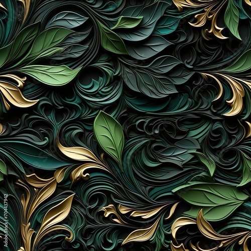 Tactile canvas in 3D style with ivy in shades of green and black. Seamless floral background. Generative AI