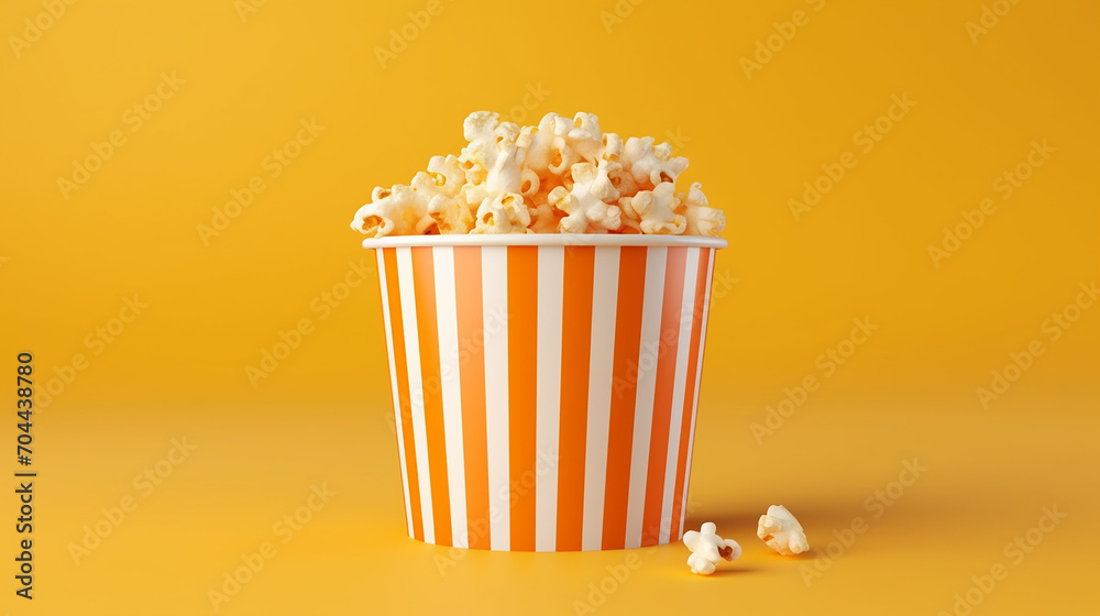 paper striped bucket with popcorn isolated on yellow background