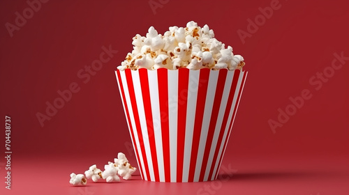 paper striped bucket with popcorn isolated on red background