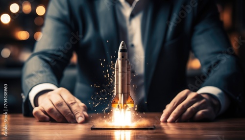 Business growth up,planning,strategy,business start up concept.Businessman touch rocket launch  photo