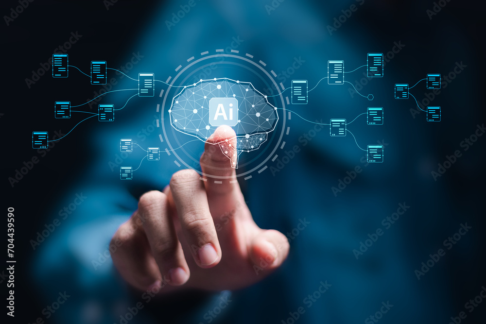 Ai tech concept, Businessman touching to Virtual Ai brain icon for artificial intelligence use analytics, automation and autonomous brain. big data management.