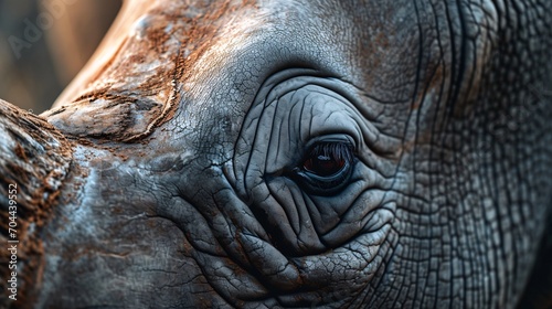 AI generated illustration of a closeup of a rhinoceros' eye and textured skin