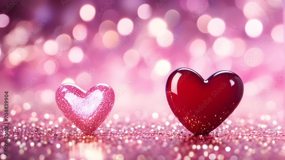 Couple Pink and Red Hearts On Pink Glitter With Bokeh Lights background. Valentine's Day Concept. Copy Space For Text