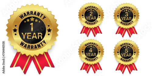 Set of warranty number 1, 2, 3, 4, 5-year label badge gold, black and red ribbon style, Set of warranty logo design isolated on white background, Vector golden warranty and illustration.