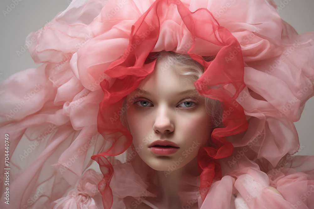 Close-up artistic portrait of a young woman surrounded in flowing pink and red fabric, creating a floral effect
