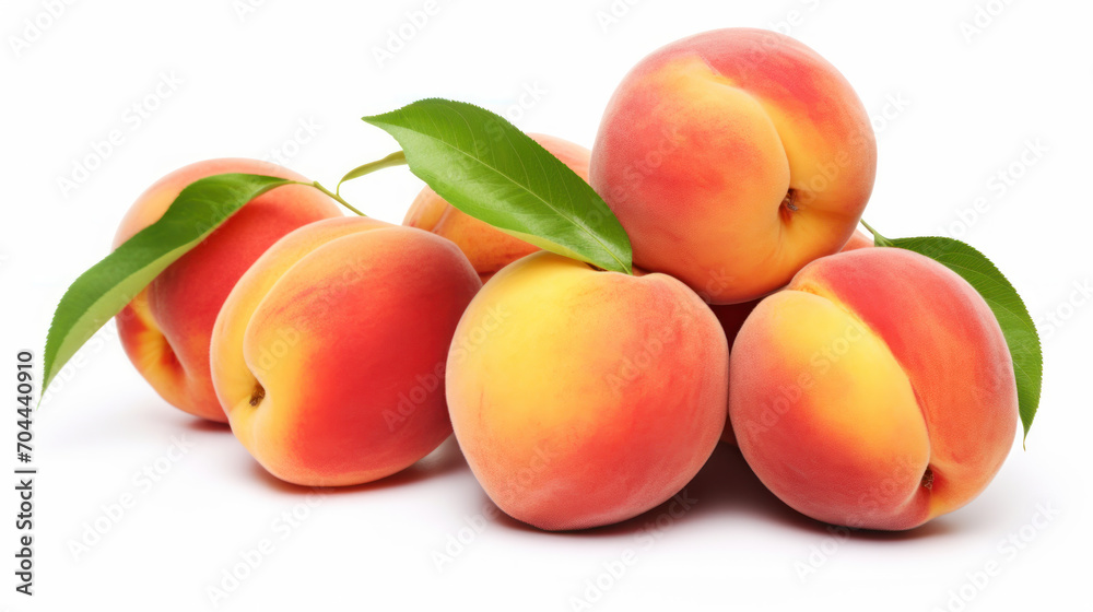 Peaches isolated. Ripe peach and half of peach on white background. Fresh fruits. Peaches isolated. Ripe peach and half of peach on white background. Fresh fruits.