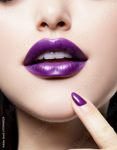 illustrazione primissimo piano di viso di giovane donna, denti candidi e labbra color violetta, dito appoggiato sul mento