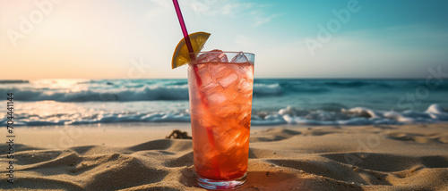 drink on sandy beach-Exotic summer drink in sand, blur beach on background