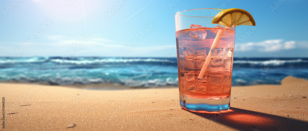 drink on sandy beach-Exotic summer drink in sand, blur beach on background drink on sandy beach-Exotic summer drink in sand, blur beach on background
