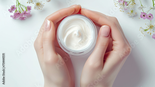 Woman hand, touch the cream, cream jar, white background, product photo