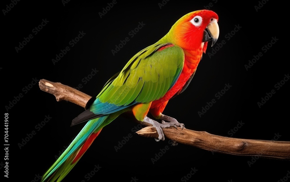 Parrot standing on a branch on a black background