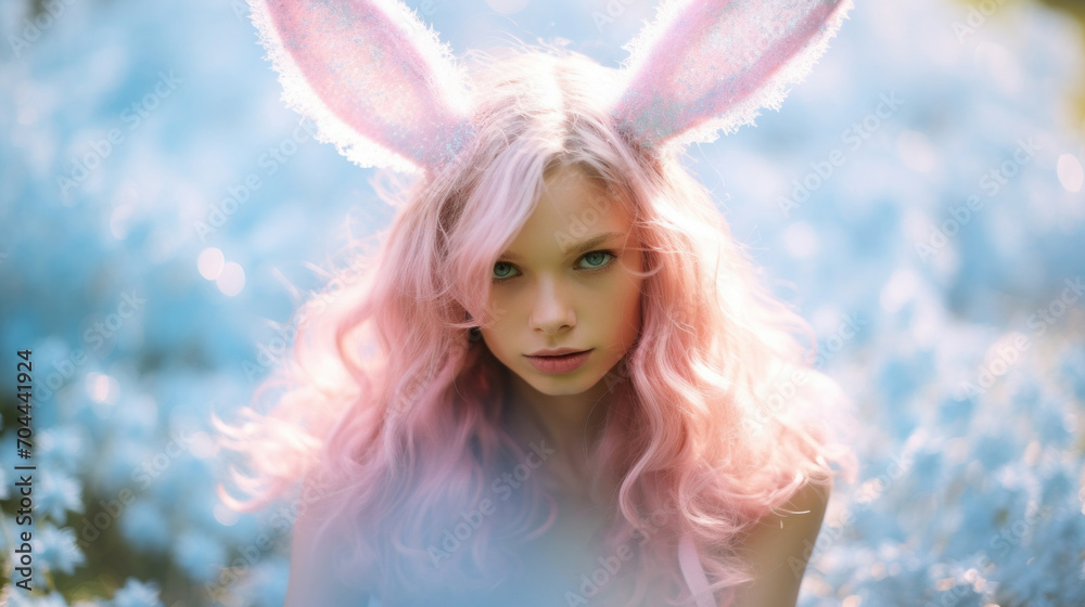 A young woman with pink hair and ethereal bunny ears stands out against a mesmerizing blue bokeh background.