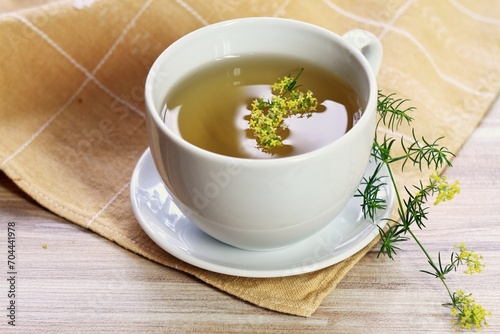 Herbal tea from herb Galium verum, also known as lady's bedstraw or yellow bedstraw. Traditional medicinal herb for internal and external use, reduces appetite, helps to lose weight.