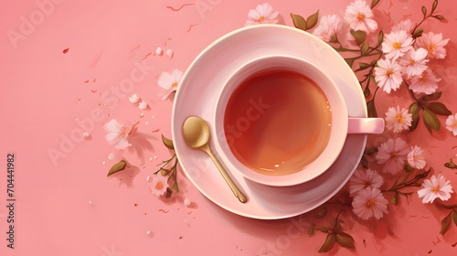 A cup of tea and flowers on pink background
