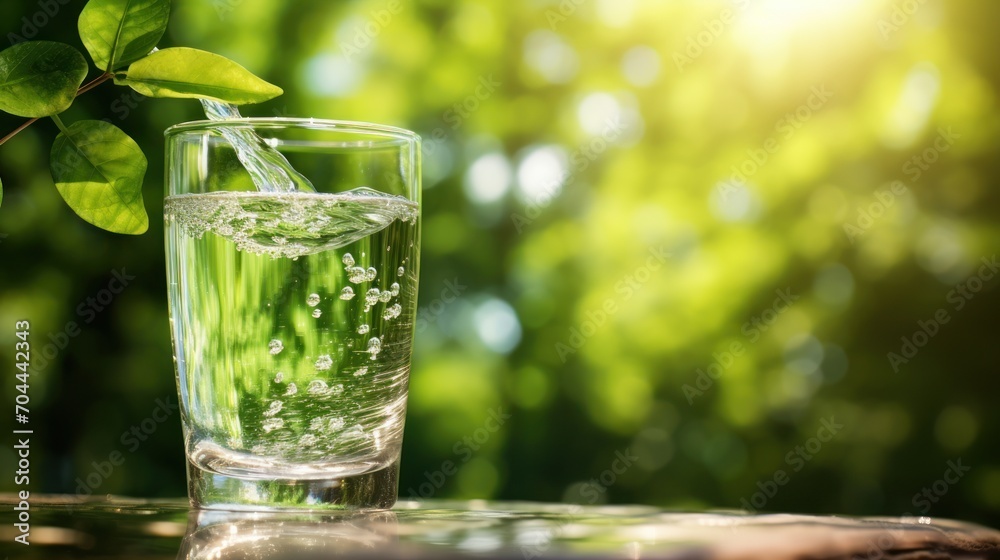 Drink water poured into glass over sunlight and natural green background. Drink water poured into glass over sunlight and natural green background.