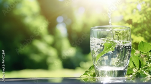Drink water poured into glass over sunlight and natural green background.