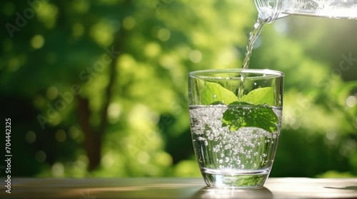 Drink water poured into glass over sunlight and natural green background.