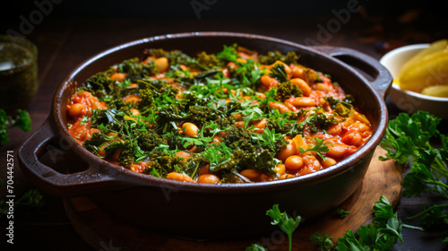 Baked beans in tomato sauce and greens